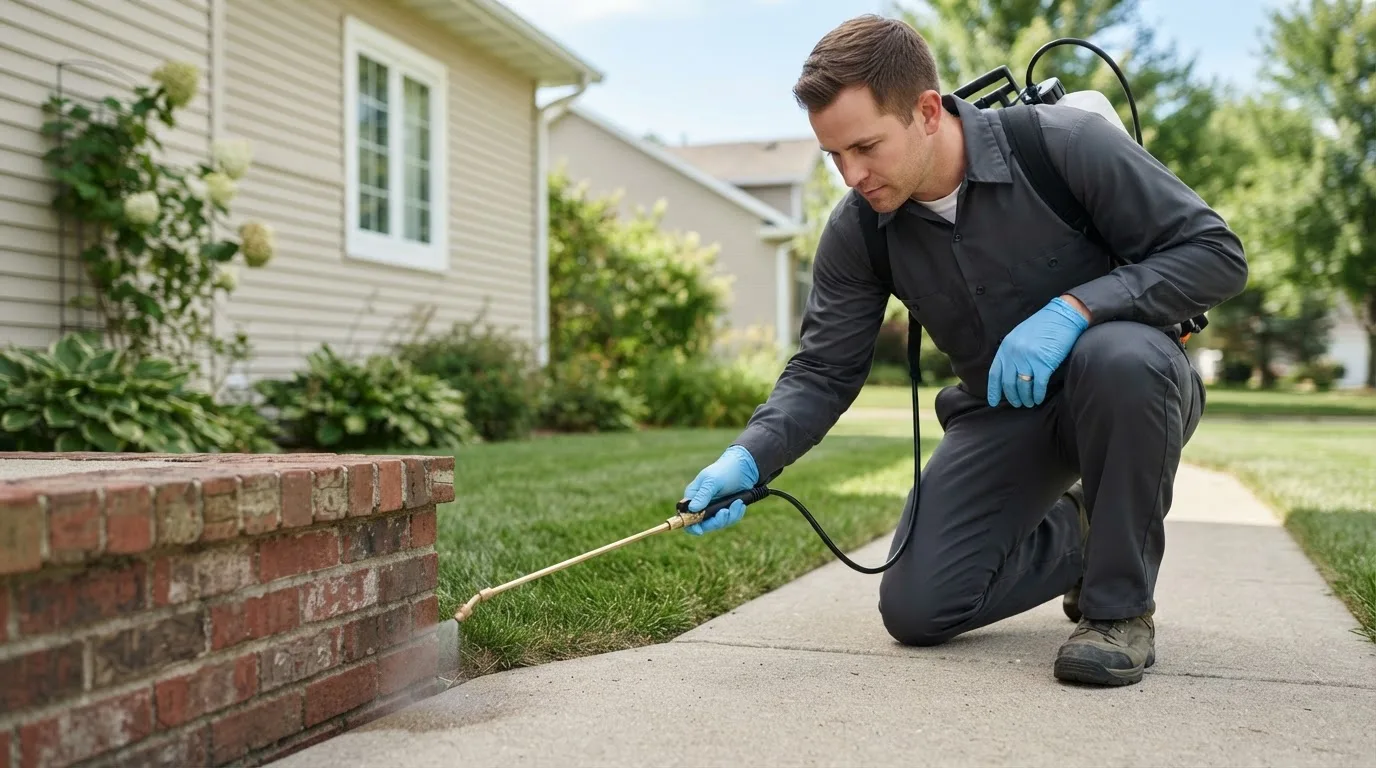 Pest control technician treating a home near Curran, MI