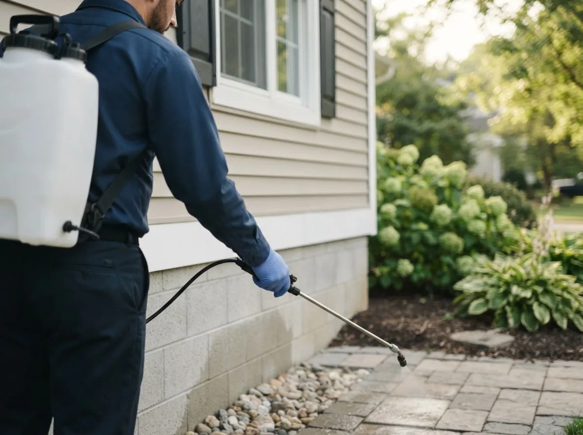 Pest control technician inspecting a home in Curran, MI